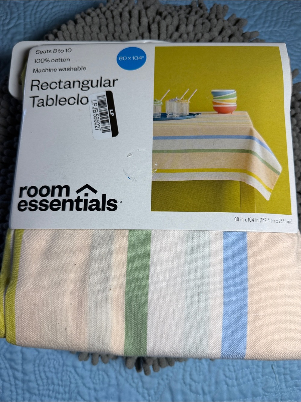 Room Essentials Cream Tablecloth with Blue and Green Stripes